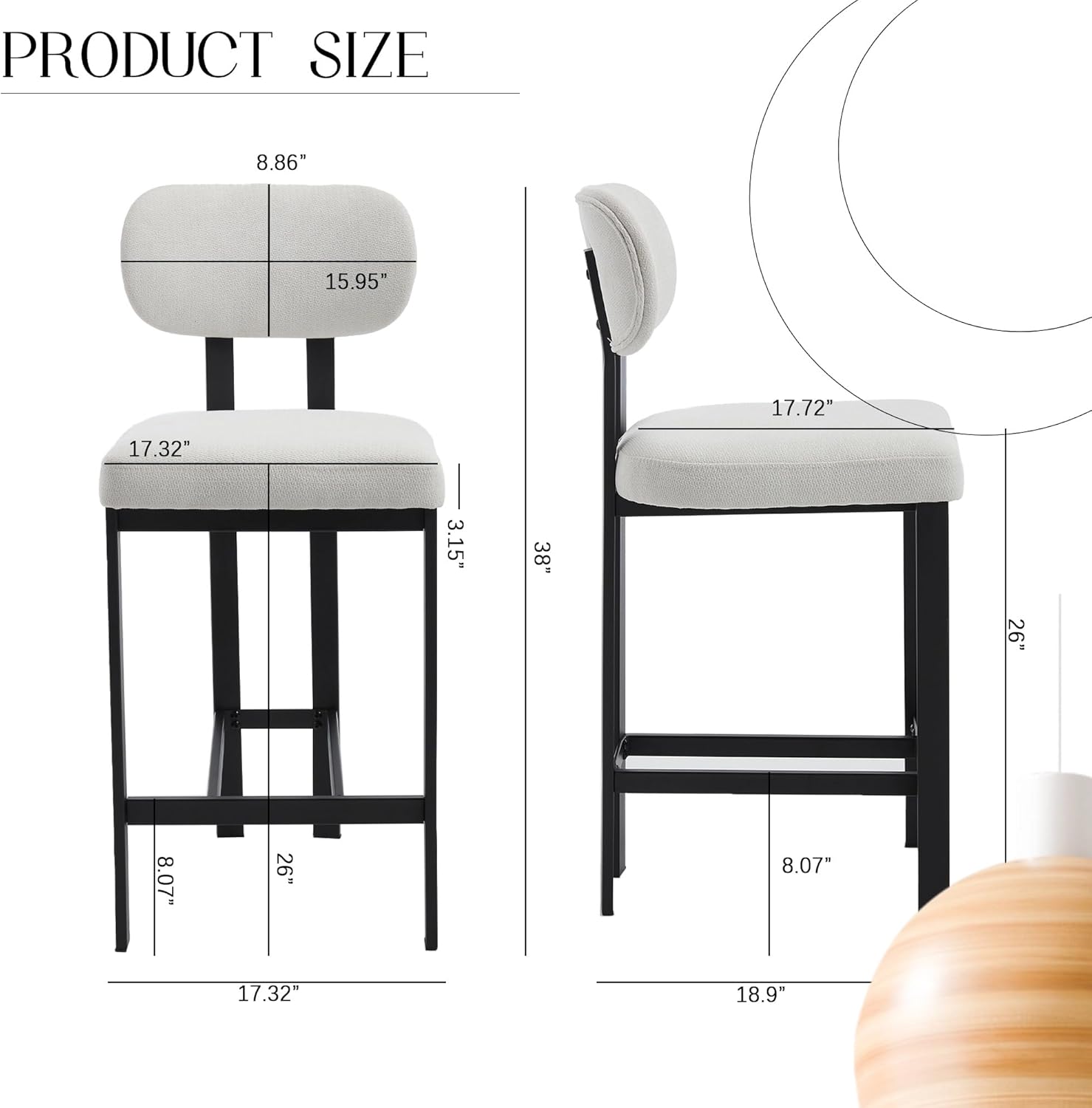 PRODUCT SIZE  
8.86" 15.95" 17.72" 17.32" 3.15" 38" 26" 8.07" 26" 8.07" 17.32" 18.9"