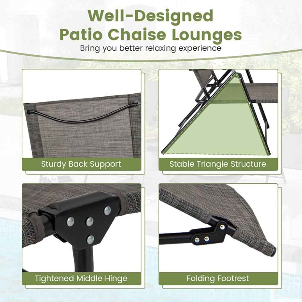 Well-Designed Patio Chaise Lounges  
Bring you better relaxing experience  

- Sturdy Back Support  
- Stable Triangle Structure  
- Tightened Middle Hinge  
- Folding Footrest