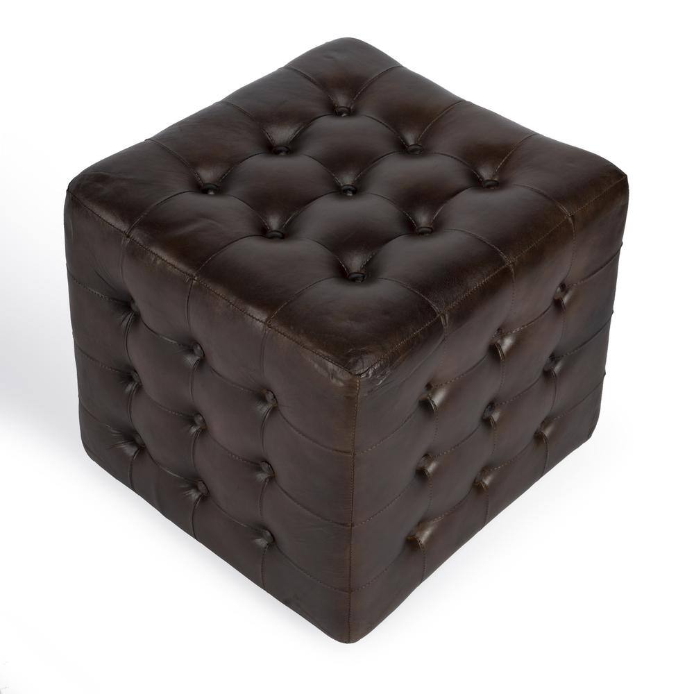 Alt View 1. Butler Specialty - Leon Button Tufted Leather Ottoman - Dark Brown.
