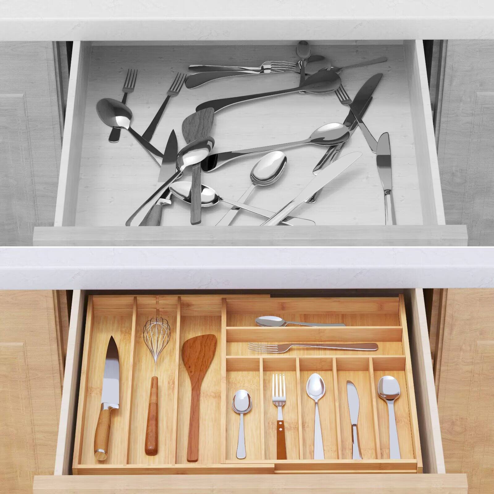 Left. Tooloton - Bamboo Drawer Organizer, Expandable Utensil Tray with 10 Slots for Flatware, Cutlery, Spoons and Knives, Natural Finish - Natural.