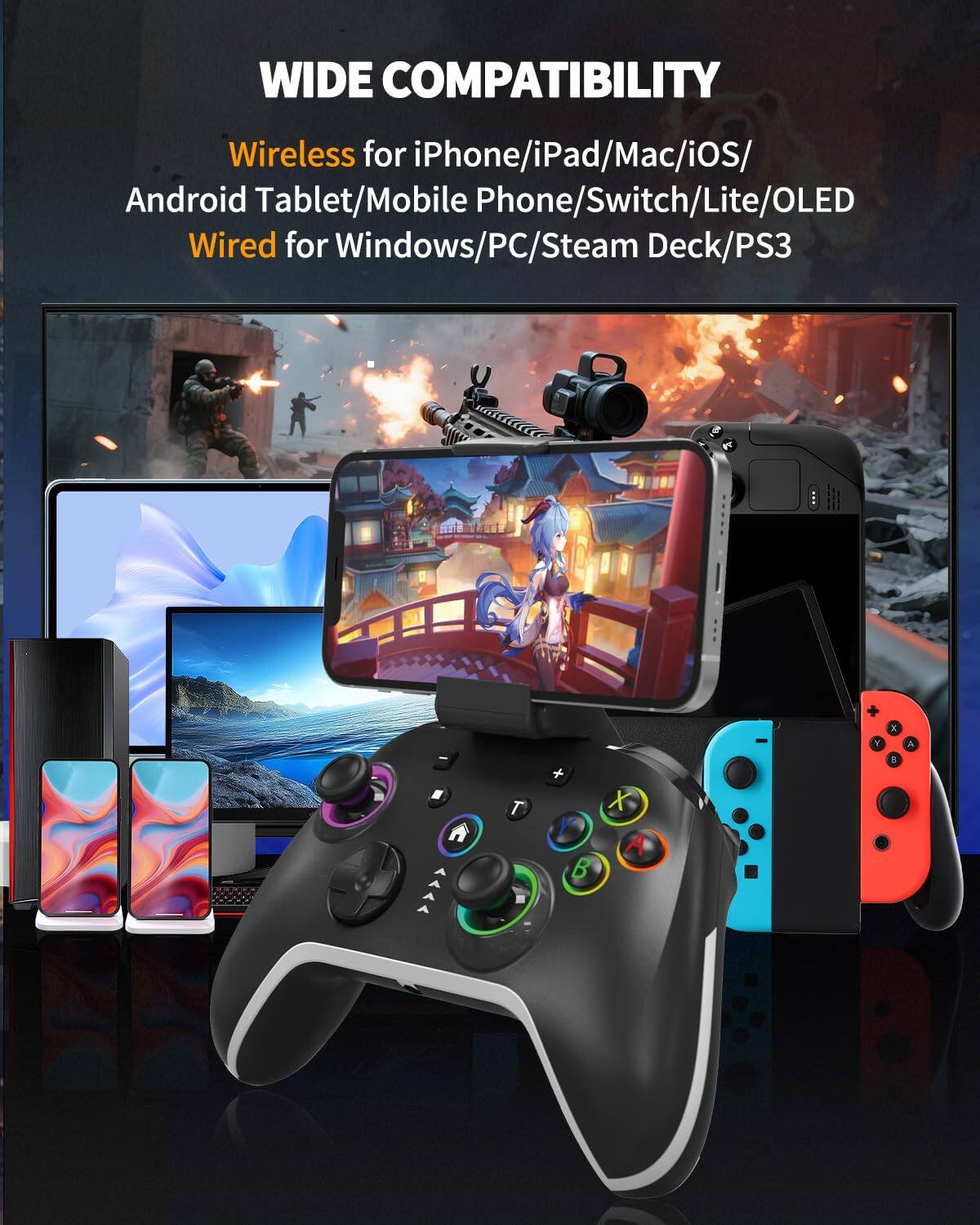 WIDE COMPATIBILITY

Wireless for iPhone/iPad/Mac/iOS/Android Tablet/Mobile Phone/Switch/Lite/OLED

Wired for Windows/PC/Steam Deck/PS3