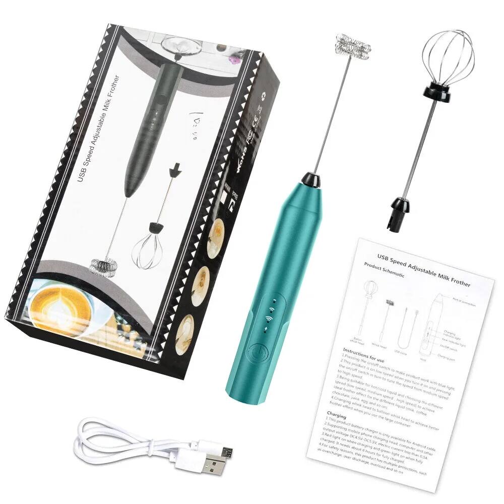**USB Speed Adjustable Milk Frother**

**Product Schematic**

**Instructions for use:**

1. Pressing the switch to make the product work.
2. The high touch switch to make product work with light.
3. The speed is suitable for hot milk, cold milk, and juice.
4. Chocolate, juice, and other drinks can be frothed to different speeds.
5. When you use the large whisk, choose the lower speed.
6. When you use the small whisk, choose the higher speed.

**Charging:**

- The product battery charger is only available in 5V DC.
- 2.5A output, USB charger, and car charger.
- 1 hour to fully charge, 0.56 hours to charge 80%.
- For safety, this product has overcharge protection, over discharge protection, and short circuit protection.
