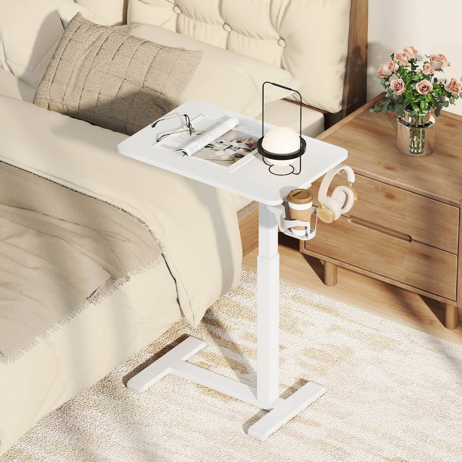 Alt View 1. Costway - Costway C Shaped Side Table Height Adjustable Overbed Bedside Table with Hook & Cup Holder - White.