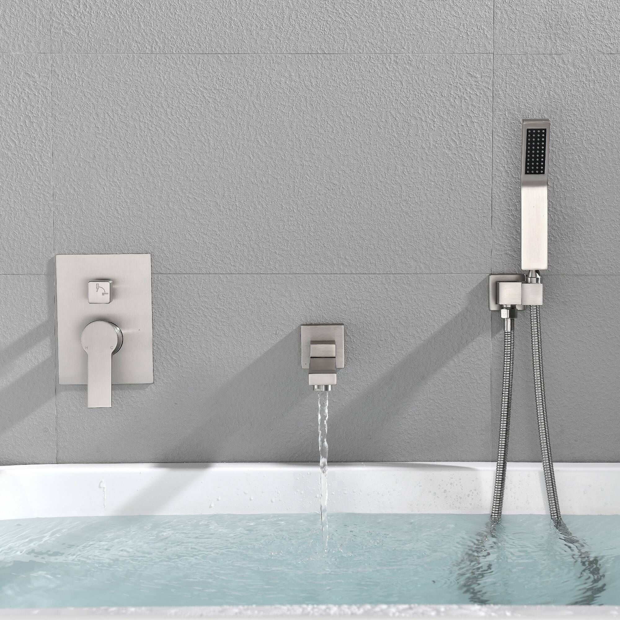 Alt View 1. Boyel Living - Brushed Nickel Wall Mount Bathtub Faucet Brass 2-Function Valve 180° Rotating Spout Handheld 60-Inch Hose cUPC - Brushed Nickel.