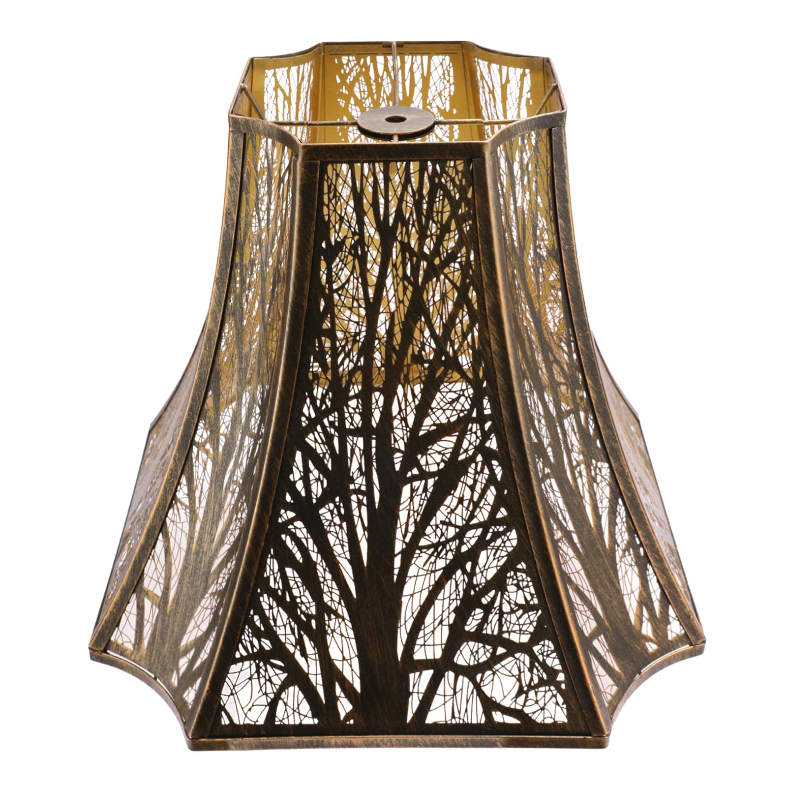Alucset - Metal Large Square Cut Conner Bell Lamp Shade for Table Floor Lamps - Antique Bronze Gold Modern Etched Forest Pattern - Antique Bronze & Gold