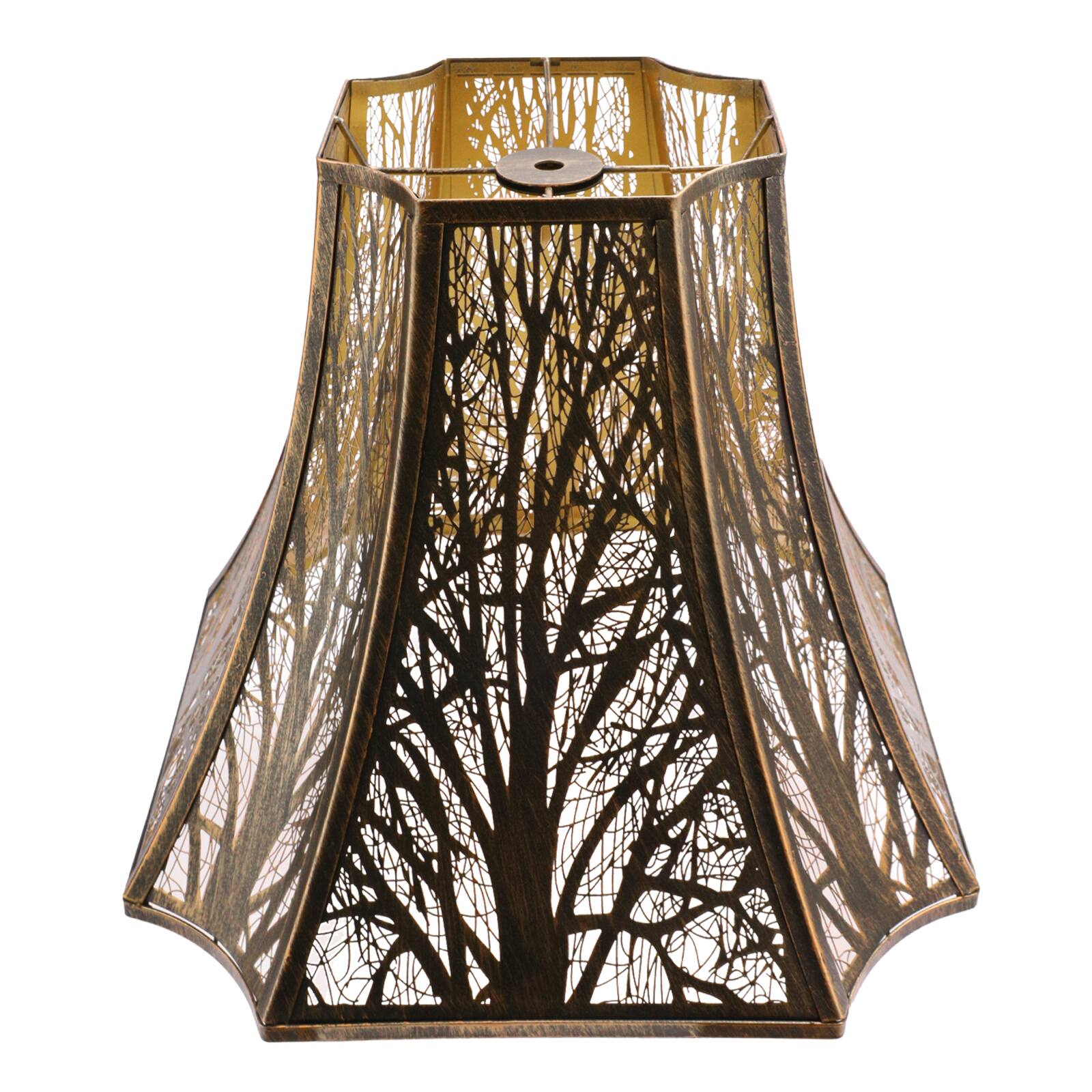 Front. Alucset - Metal Large Square Cut Conner Bell Lamp Shade for Table Floor Lamps - Antique Bronze Gold Modern Etched Forest Pattern - Antique Bronze & Gold.