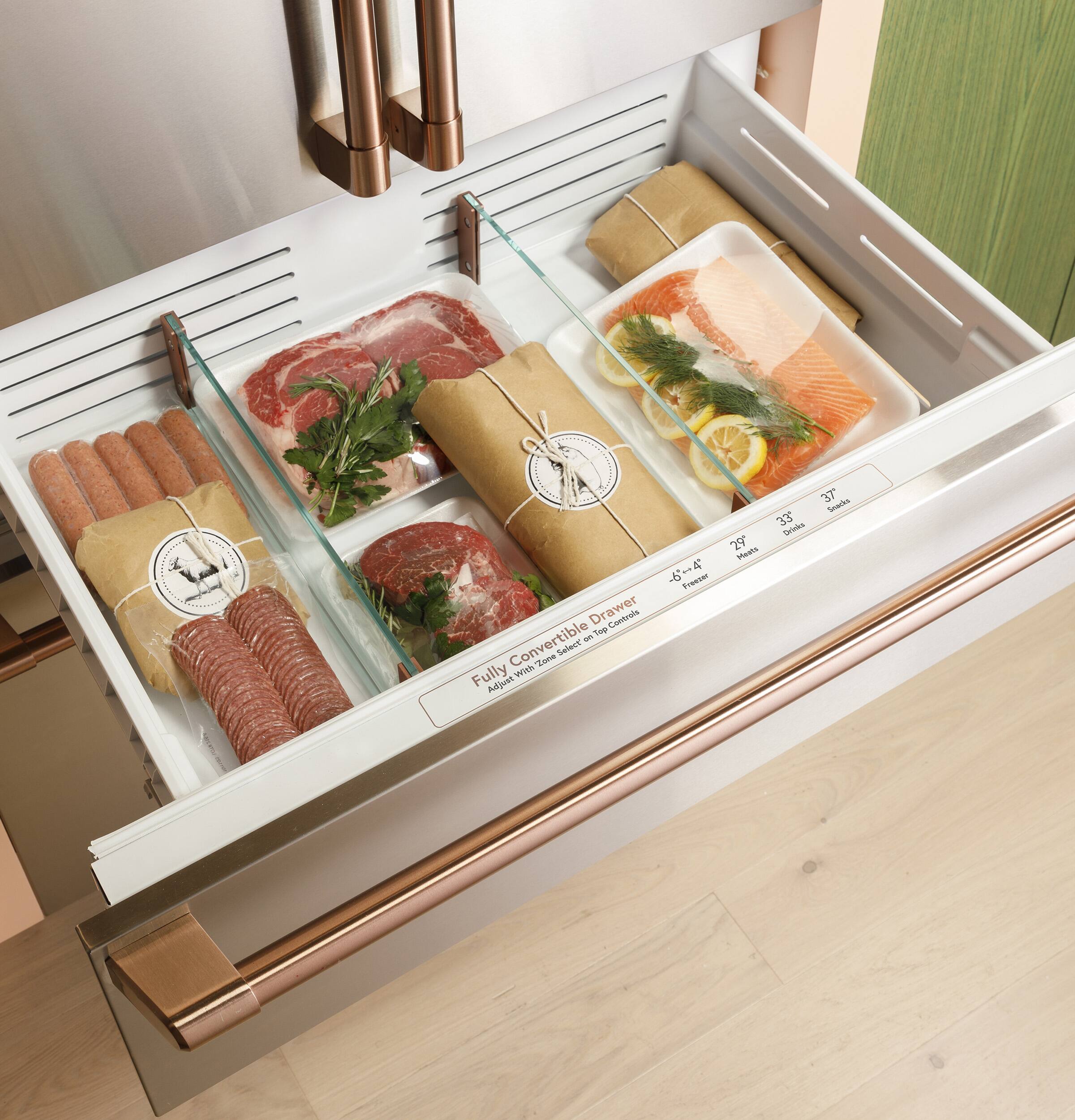 37 Snacks  
33 Drinks  
29 Meats  
-6-4 Freezer Drawer  
Top Controls  
Convertible on Zone Select'  
Fully With Adjust