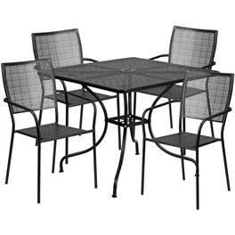 Emma + Oliver - Commercial Grade 35.5" Square Metal Garden Patio Table Set, 4 Square Back Chairs - Black
