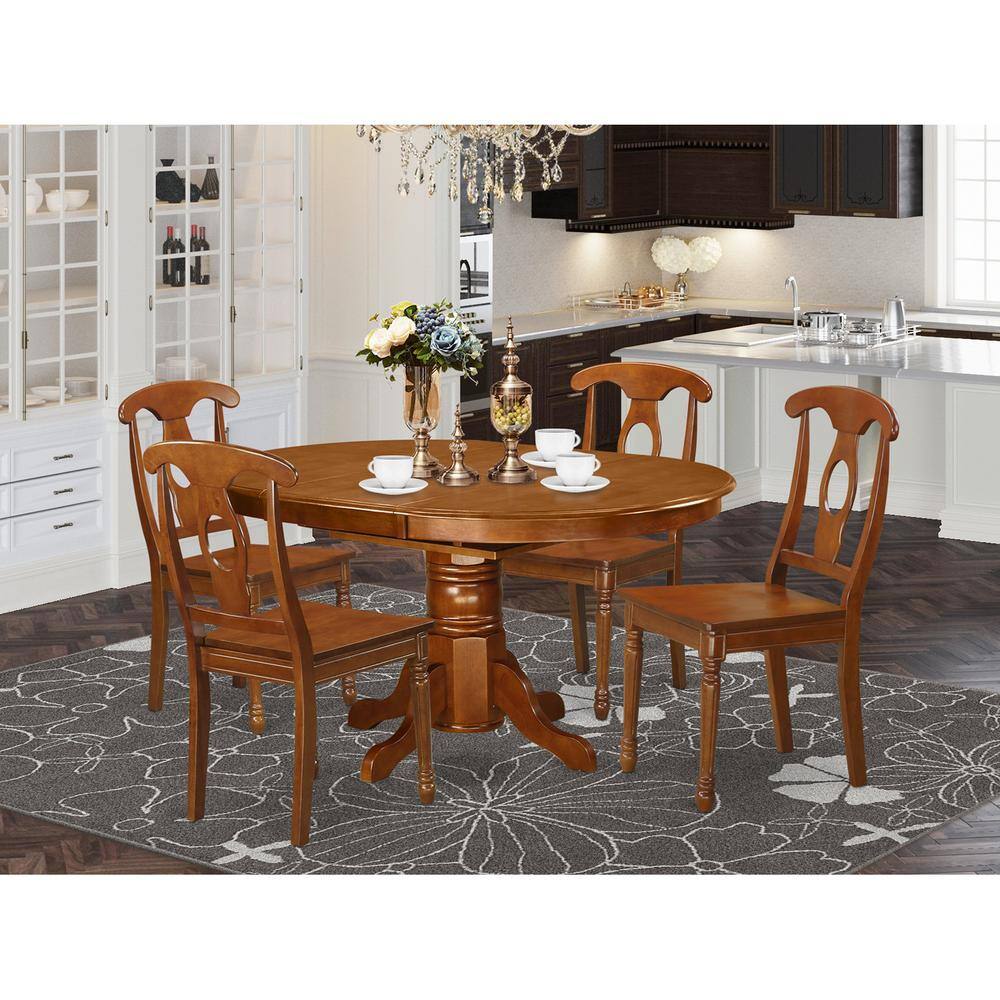 Back. East West Furniture - 5 Pc Dining room set-Table with Leaf and 4 Dining Chairs - Saddle Brown.