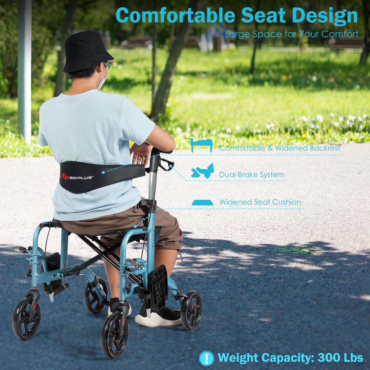 Comfortable Seat Design, Large Space for Your Comfort, Comfortable & Widened Backrest, SOPLUS Dual Brake System, Widened Seat Cushion, Weight Capacity: 300 Lbs