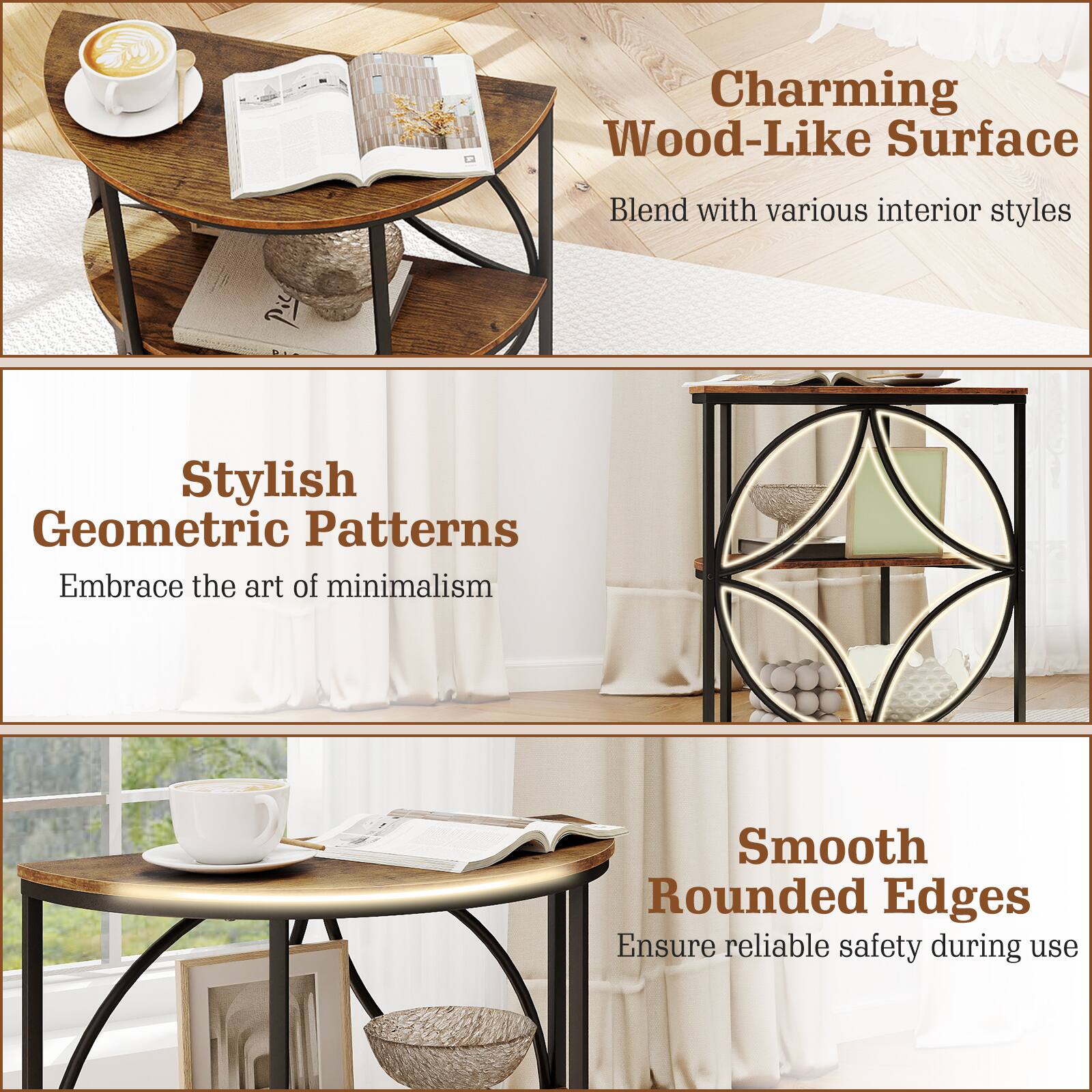 Charming Wood-Like Surface  
Blend with various interior styles  

Stylish Geometric Patterns  
Embrace the art of minimalism  

Smooth Rounded Edges  
Ensure reliable safety during use