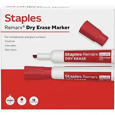 Staples Remarx Dry Erase Marker
For whiteboards and glass surfaces
Vivid ink
Low odor
Non-toxic
Staples Remarx Low Odor DRY ERASE
Chisel
Staples Remarx Low Odor DRY ERASE
Chisel
CHISEL TIP
RED
12 MARKERS