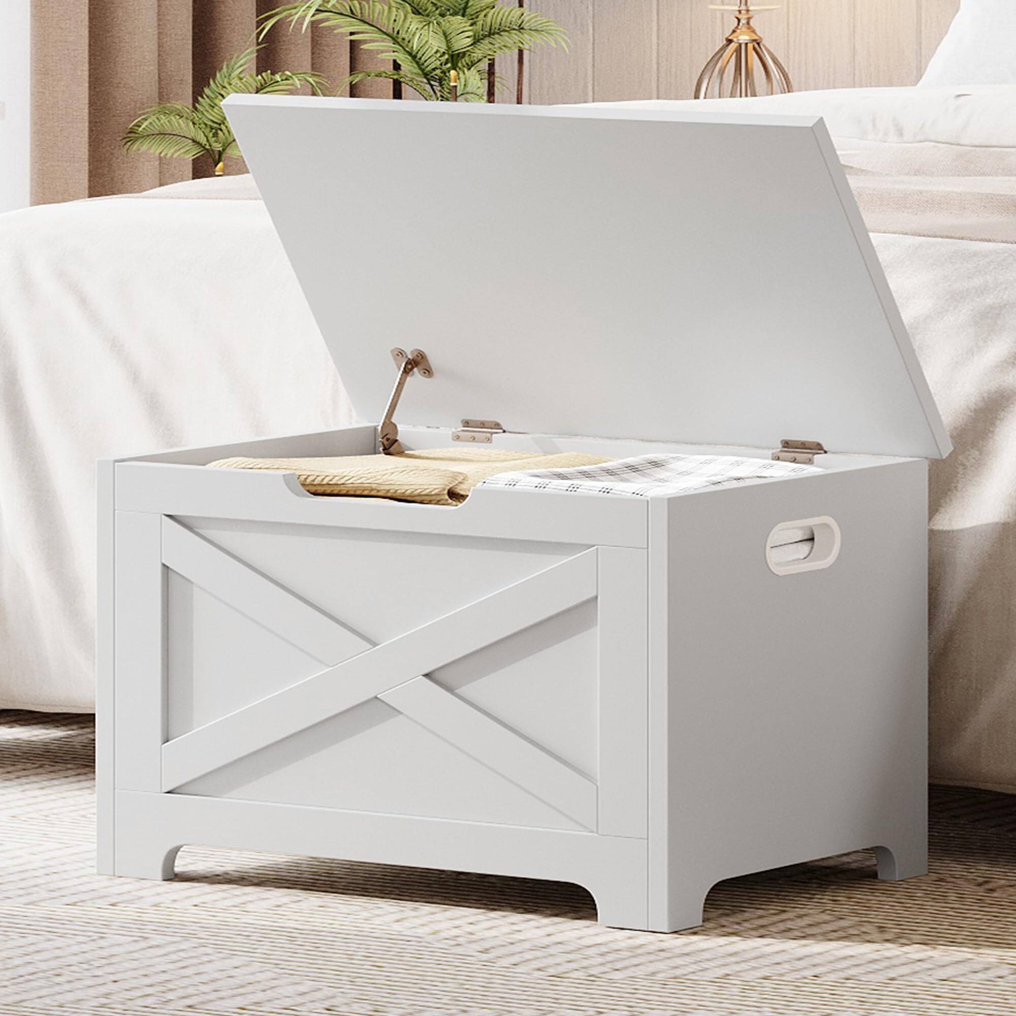 Back. Jojoka - 23.6" Wooden Toy Storage Chest, Lift-Top Storage Bench with Safety Hinge for Home - X-White.