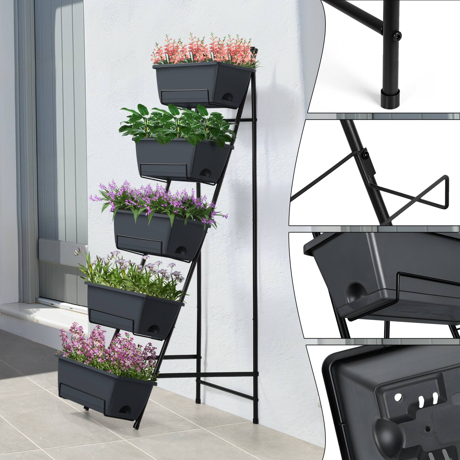 Left. Oumilen - 5-Tier Vertical Raised Garden Bed, Black Metal Plant Stand with 5 Dark Gray Planter Boxes for Patio Balcony Backyard.
