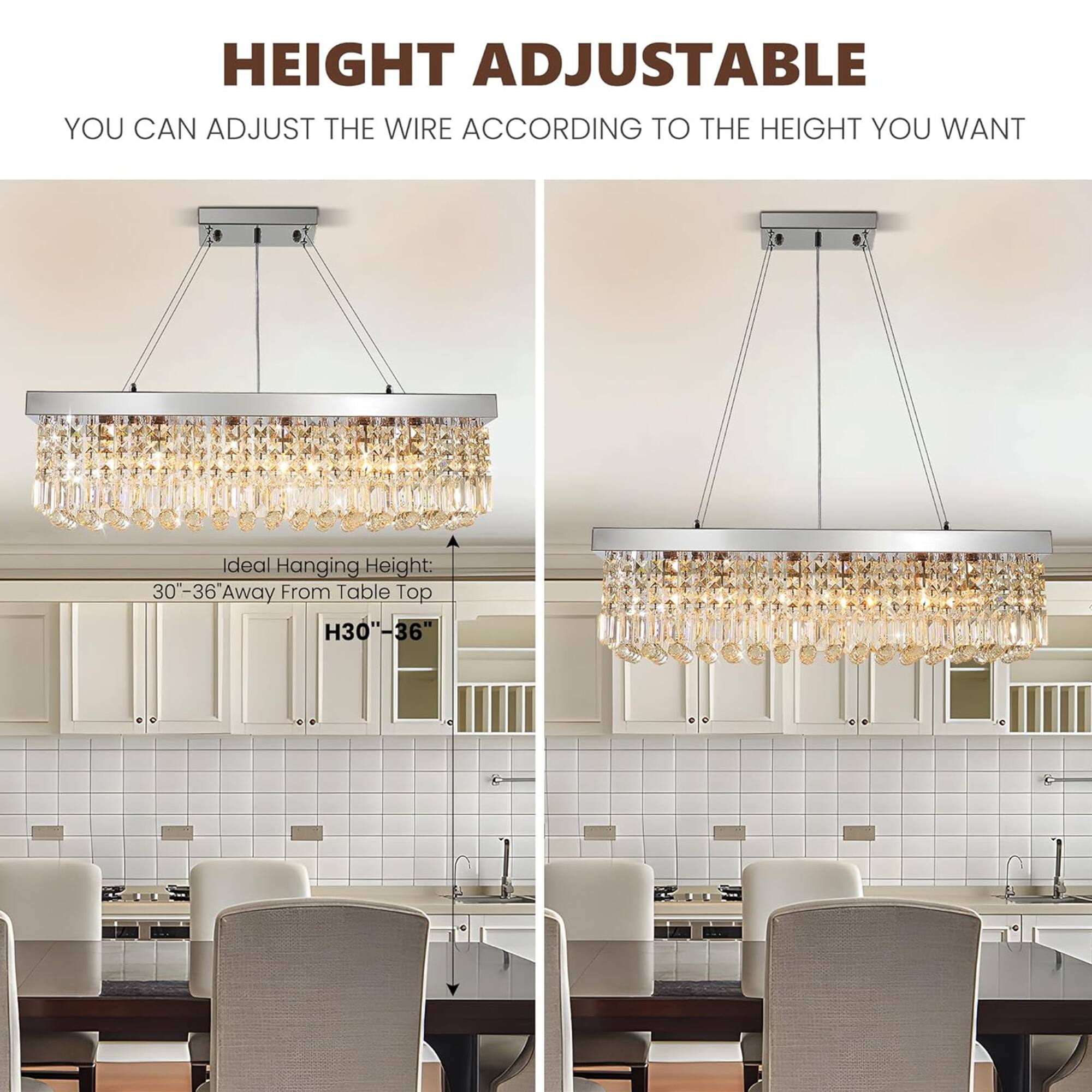 HEIGHT ADJUSTABLE  
YOU CAN ADJUST THE WIRE ACCORDING TO THE HEIGHT YOU WANT  

Ideal Hanging Height: 30"-36" Away From Table Top  
H30"-36"