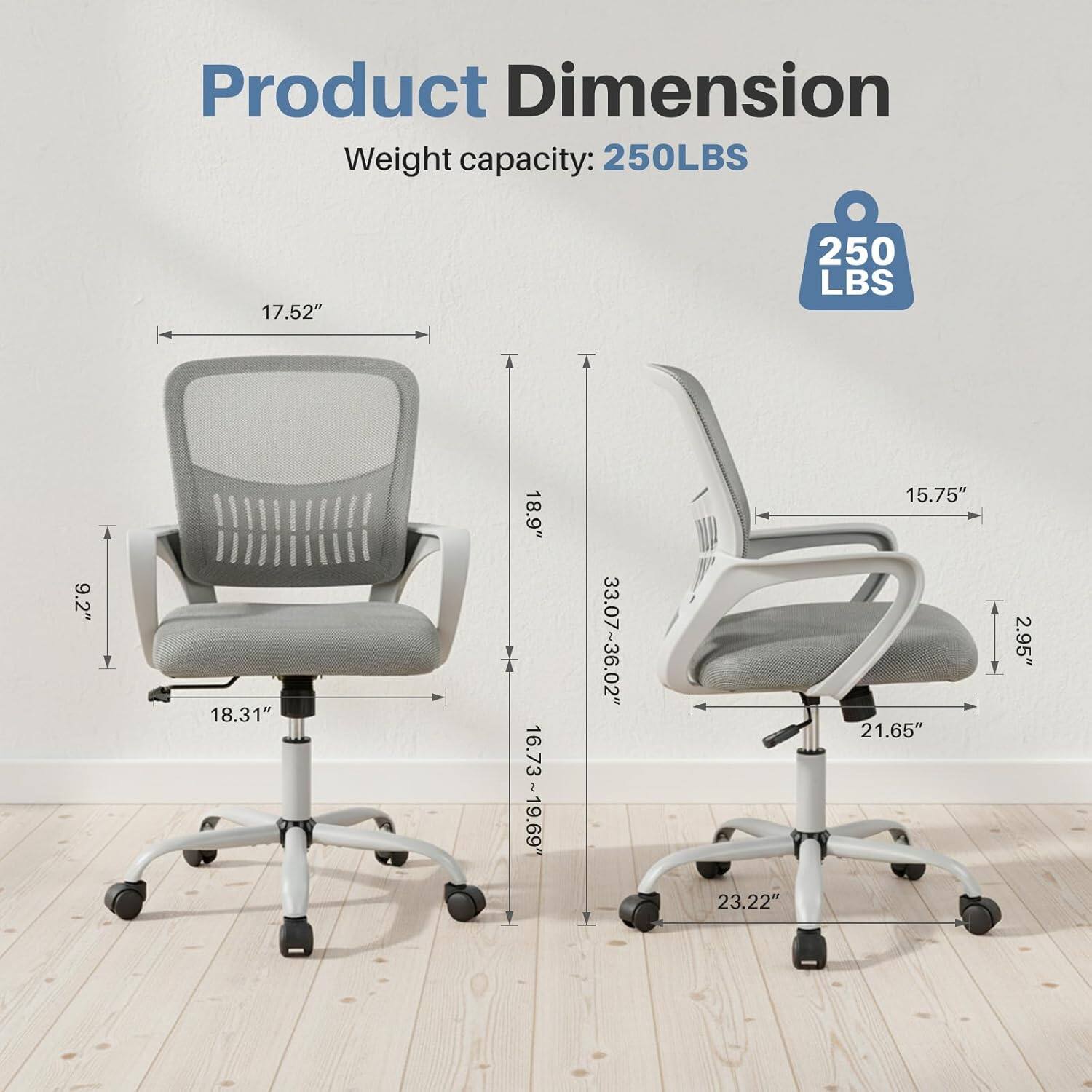 Product Dimension  
Weight capacity: 250LBS  
17.52"  
9.2"  
18.31"  
18.9"  
16.73~19.69"  
33.07-36.02"  
23.22"  
15.75"  
21.65"  
2.95"