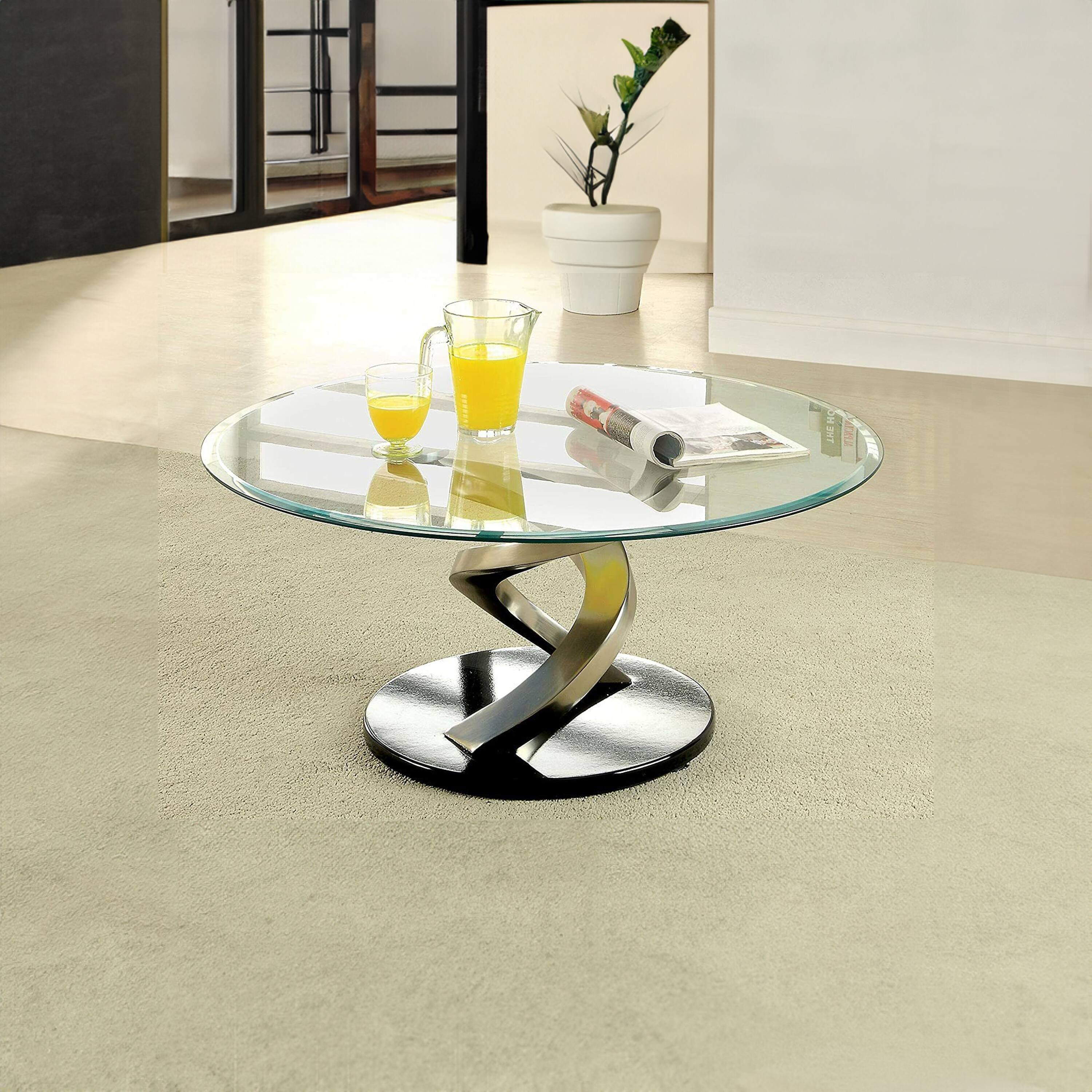 Alt View 5. Manhattan Lane - Coffee Table with Twisted Metal Base and Round Glass Top - Silver and Black.