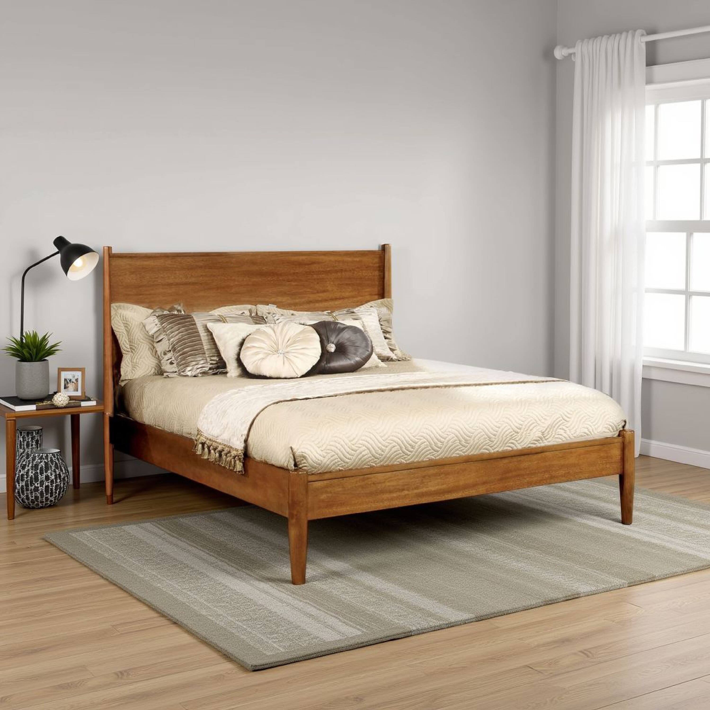Alt View 7. Manhattan Lane - Mid Century Modern Wood Queen Bed, Round Tapered Legs - Oak Brown.