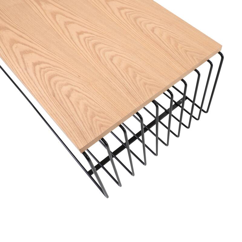 Alt View 4. LeisureMod - Walden Modern Ash Wood Veneer Coffee Table with Powder Coated Steel Base for Home Living Room - Black.