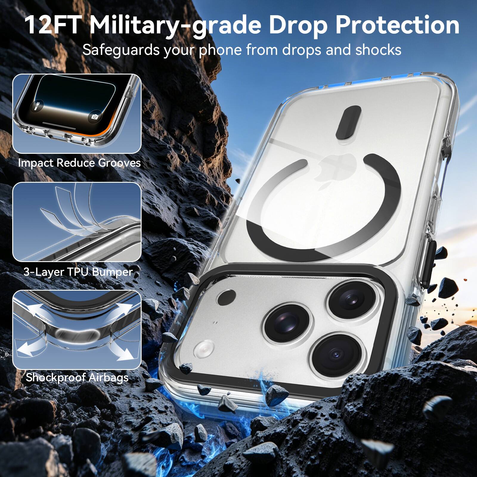 12FT Military-grade Drop Protection  
Safeguards your phone from drops and shocks  

Impact Reduce Grooves  
3-Layer TPU Bumper  
Shockproof Airbags