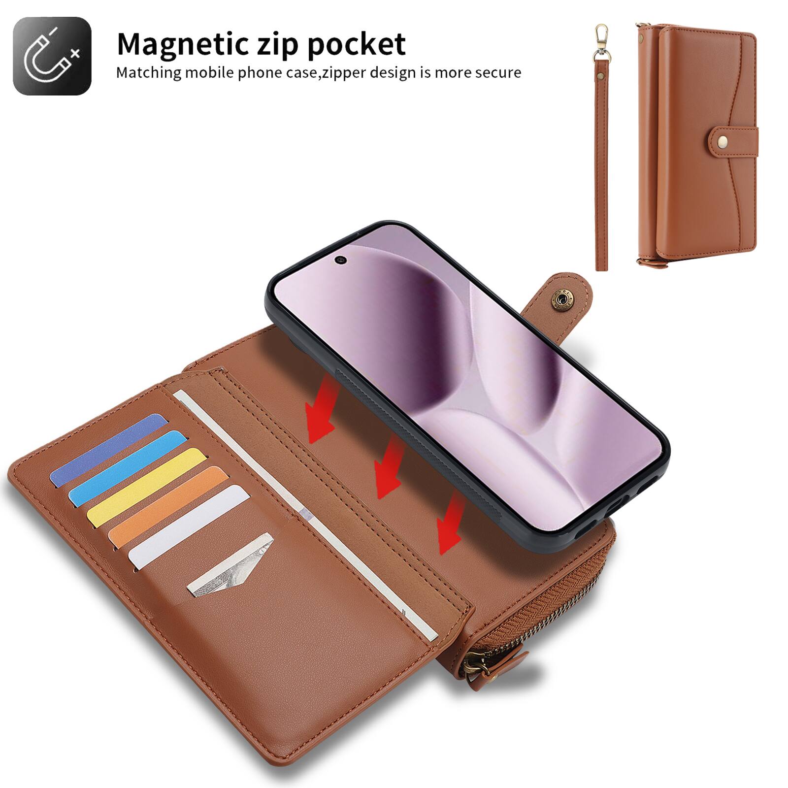 Magnetic zip pocket  
Matching mobile phone case, zipper design is more secure