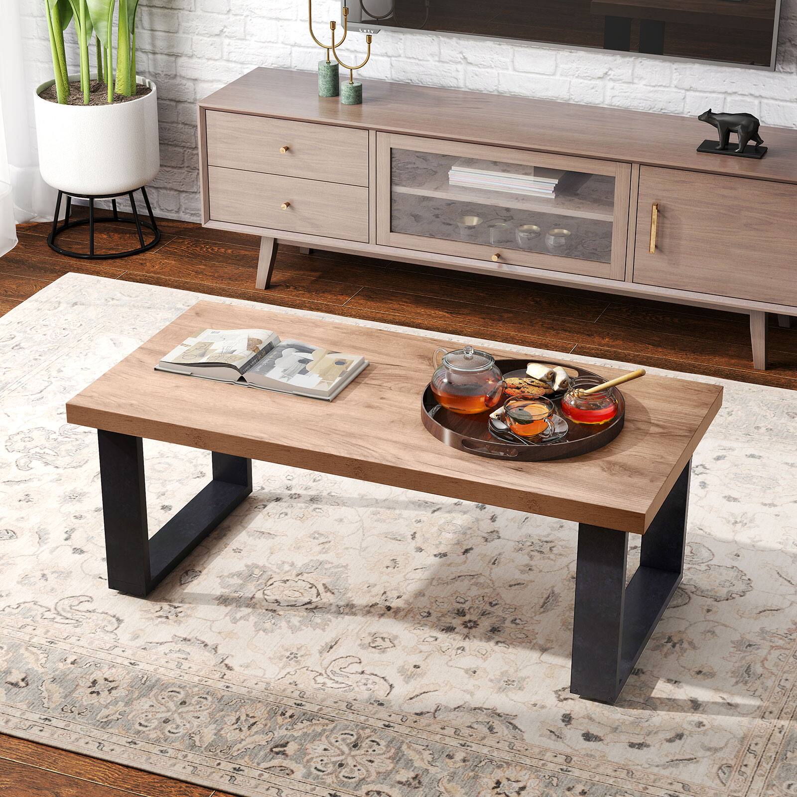 Alt View 4. Gymax - Gymax 47'' Farmhouse Style Accent Table w/ Thickened Tabletop & Natural Wood Texture - Black.