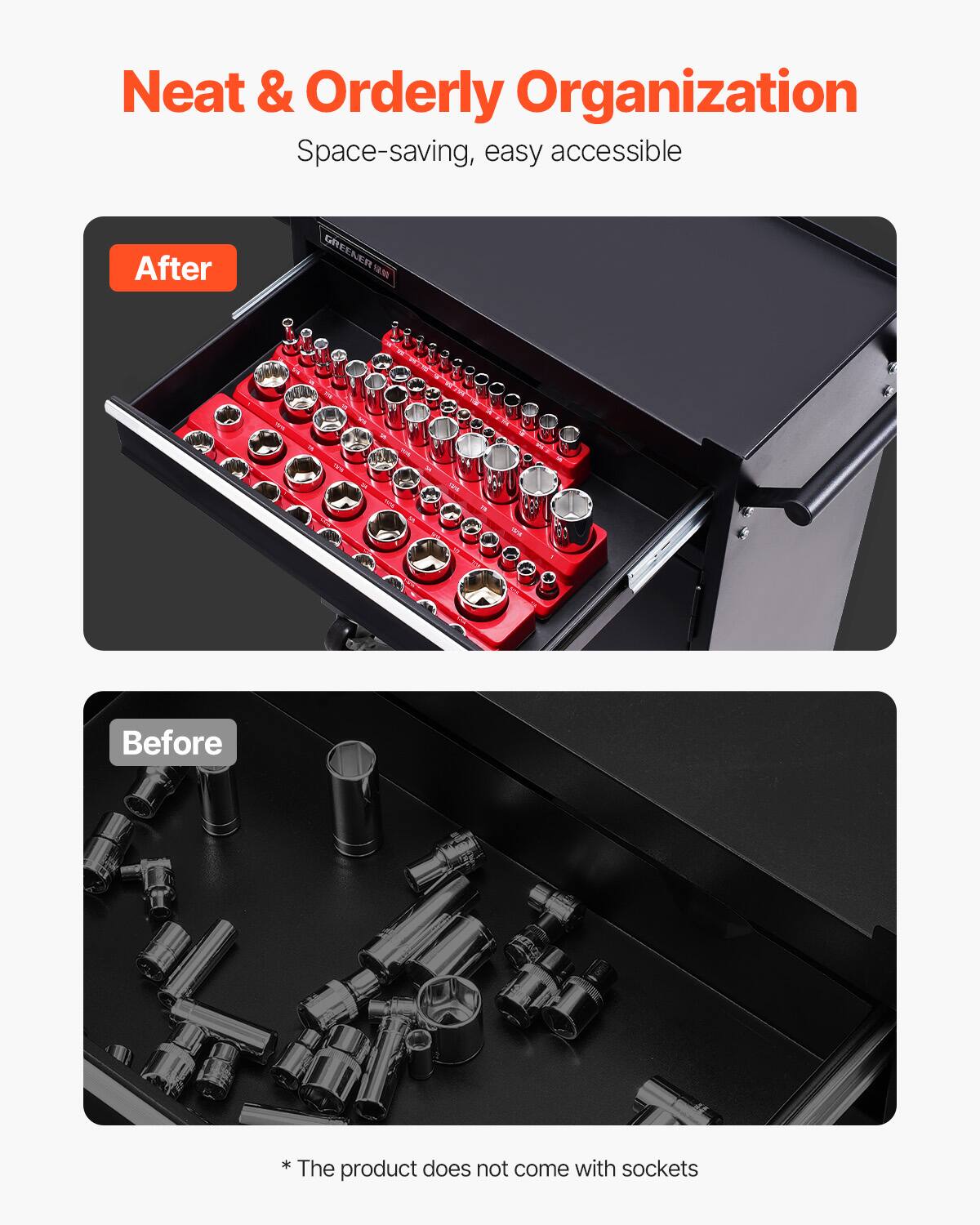 Neat & Orderly Organization  
Space-saving, easy accessible  

After  

Before  

*The product does not come with sockets