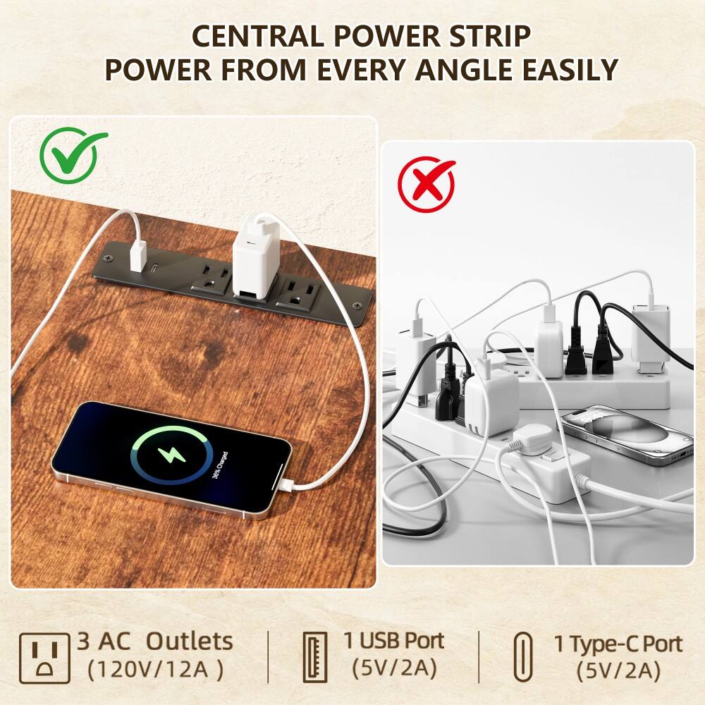 CENTRAL POWER STRIP POWER FROM EVERY ANGLE EASILY

36% Charged

3 AC Outlets (120V/12A)
1 USB Port (5V/2A)
1 Type-C Port (5V/2A)