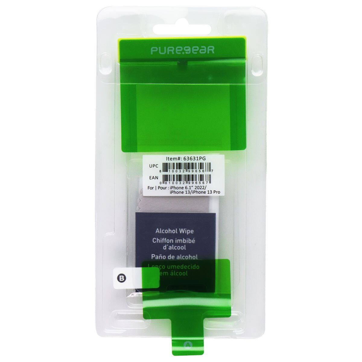 PURE9eaR  
Item#: 63631PG  
UPC: 1 10032 856 1  
EAN: 010032996567  
For: iPhone 6.1" 2022/ iPhone 13/iPhone 13 Pro  
Alcohol Wipe  
Chiffon imbibé d'alcool  
Paño de alcohol  
Lano umedecido em álcool