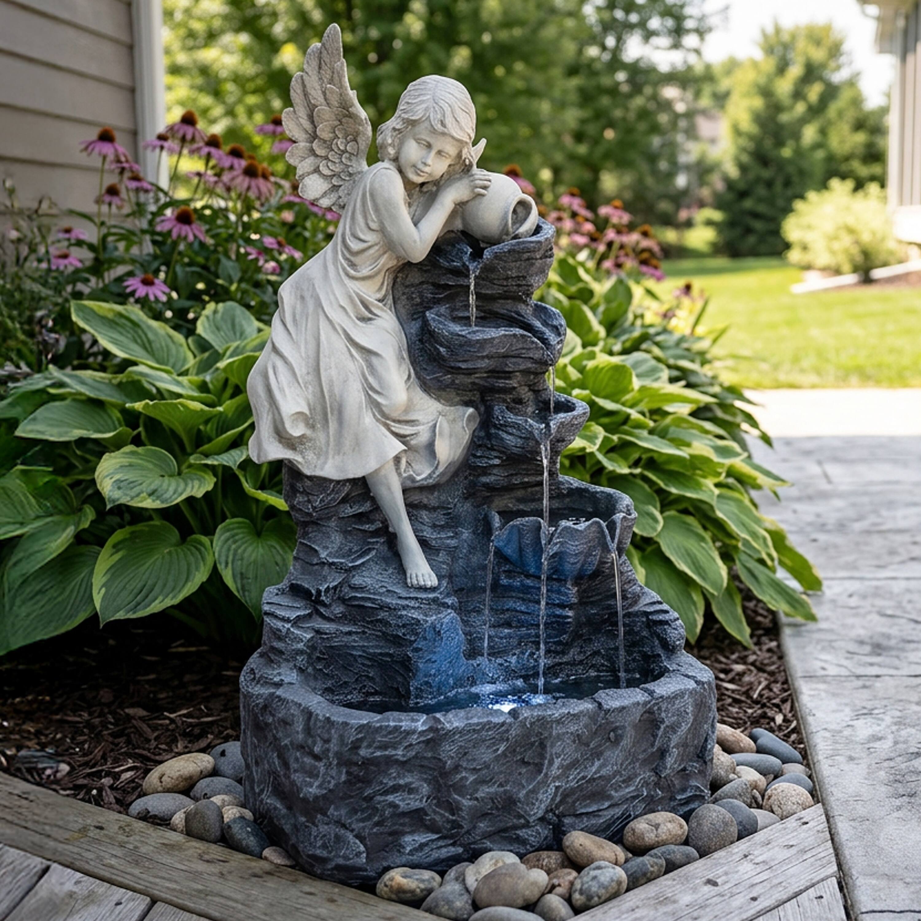Alt View 7. Sunnydaze - Angel Falls Solar Water Fountain with Battery/LED Lights - 29 in - Grey.