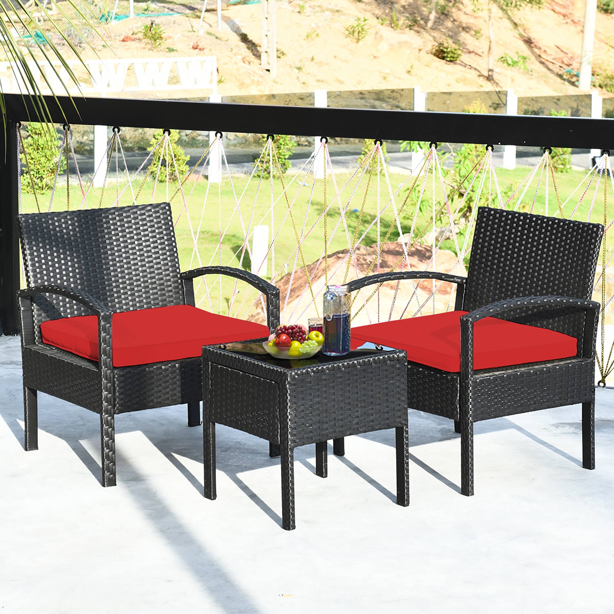 Alt View 1. Costway - Costway 3PCS Patio Rattan Furniture Set Table Conversation Sofa Cushioned - Red.