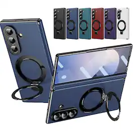 Dteck - Case for Samsung Galaxy Z Fold7 Built-in Screen Protector, Leather Hinge Protection Cover Magnetic Ring Kickstand - Blue