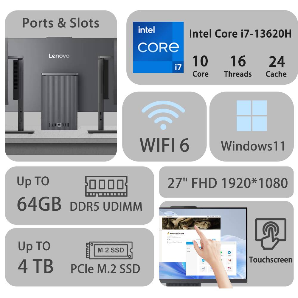 Ports & Slots  
Lenovo  
Intel Core i7-13620H  
10 Core  
16 Threads  
24 Cache  
WIFI 6  
Windows 11  
Up TO 64GB DDR5 UDIMM  
27" FHD 1920*1080  
Up TO 4 TB PCIe M.2 SSD  
Touchscreen