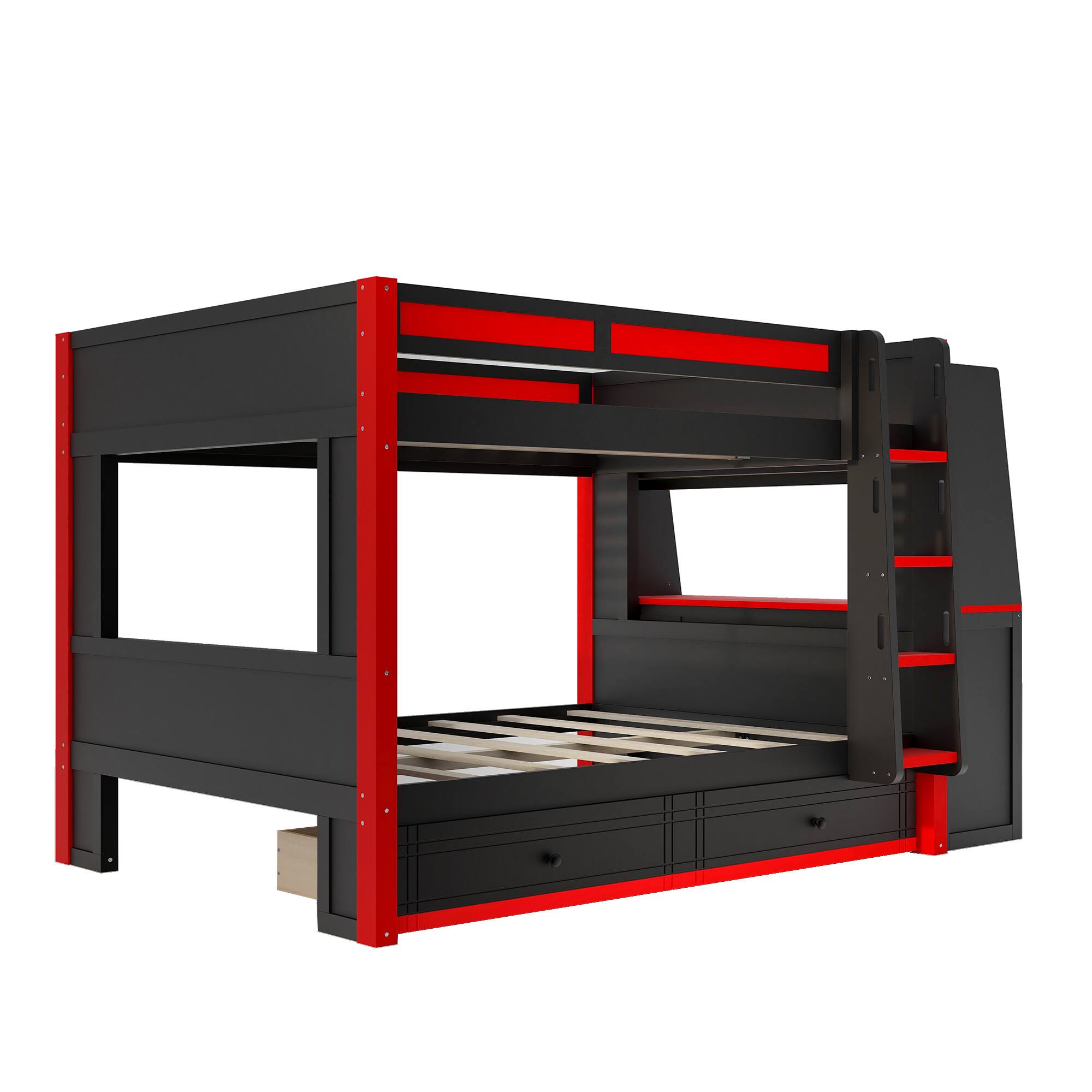 Angle. Whisen - Full Size Multifunctional Bunk Bed with LED Lights, Integrated Desk, Shelves & Drawers-Red+Black - Black.