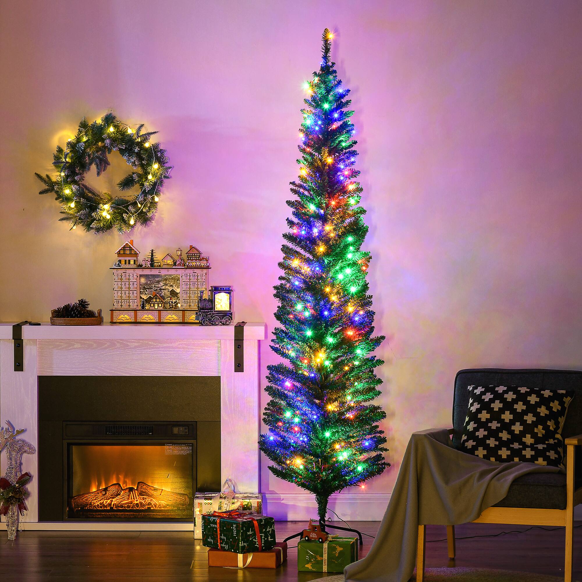 Alt View 1. Homcom - Artificial Pencil Christmas Trees Holiday Decoration with Colorful LED Lights, Steel Base - green.