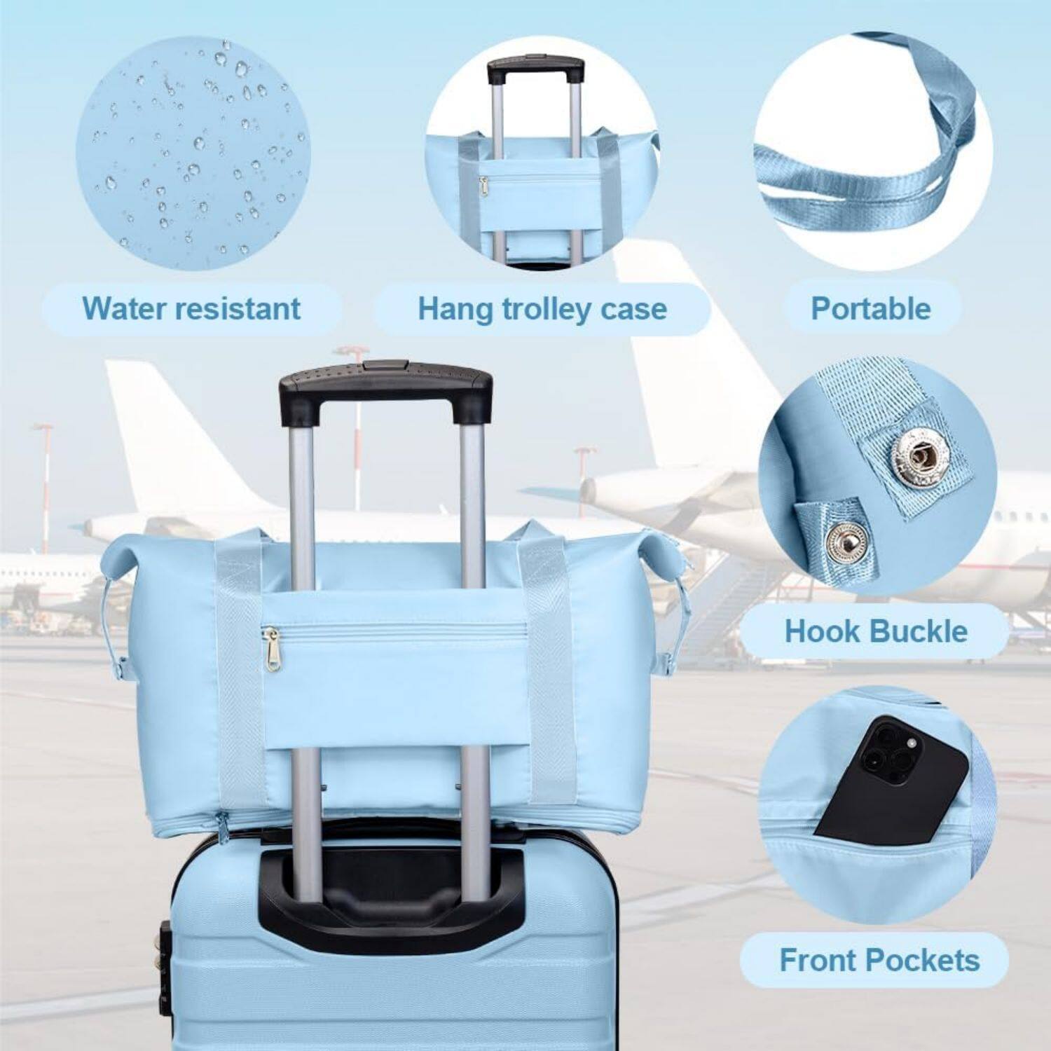 - Water resistant
- Hang trolley case
- Portable
- Hook Buckle
- Front Pockets
