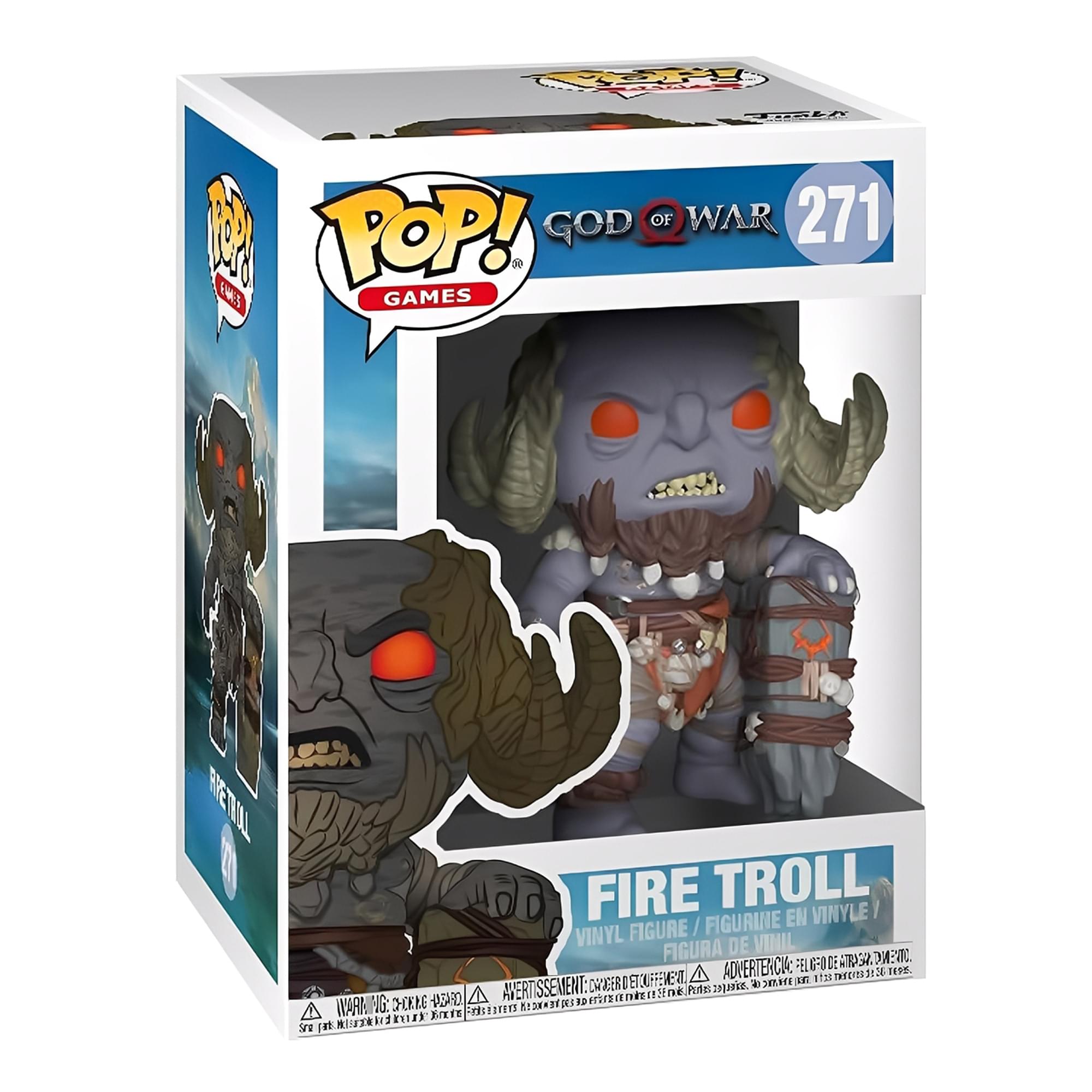 Sure, here is the corrected and grouped text from the image:

---

**Top Left:**
- POP! GAMES

**Top Center:**
- GOD OF WAR 271

**Top Right:**
- FIRE TROLL

**Center:**
- VINYL FIGURE / FIGURINE EN VINYLE / FIGURA DE VINIL

**Bottom Left:**
- WARNING: CHOKING HAZARD - Small parts. Not for children under 3 years.
- ADVERTENCIA: PEQUEÑOS PIEZAS. NO ALCANZABLES PARA NIÑOS MENORES DE 3 AÑOS.

**Bottom Center:**
- FIRE TROLL

**Bottom Right:**
- WARNING: CHOKING HAZARD - Small parts. Not for children under 3 years.
- ADVERTENCIA: PEQUEÑOS PIEZAS. NO ALCANZABLES PARA NIÑOS MENORES DE 3 AÑOS.

**Bottom Left (on the box):**
- A PETTOL

**Bottom Right (on the box):**
- 11 ninorsi

**Bottom Center (on the box):**
- N9. AVERTISSEMENT: CHOK