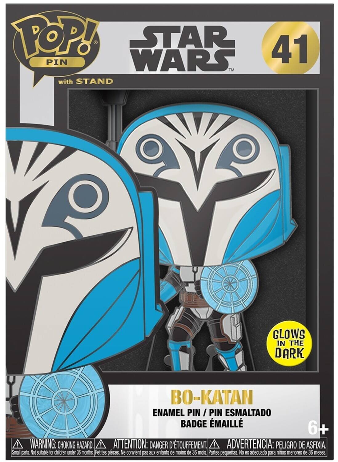 POP! STAR WARS 41 PIN with STAND GLOWS IN THE DARK BO-KATAN ENAMEL PIN / PIN ESMALTADO BADGE EMAILLÉ 6+ ! WARNING: CHOKING HAZARD. ATTENTION: DANGER D'TOUFFEMENT. ADVERTENCIA: PELIGRO DE ASFIXIA. Small parts. Not suitable for children under 36 months. Petites pices. Ne convient pas aux enfants de moins de 36 mois. Partes pequeas. No es adecuado para niños menores de 36 meses.