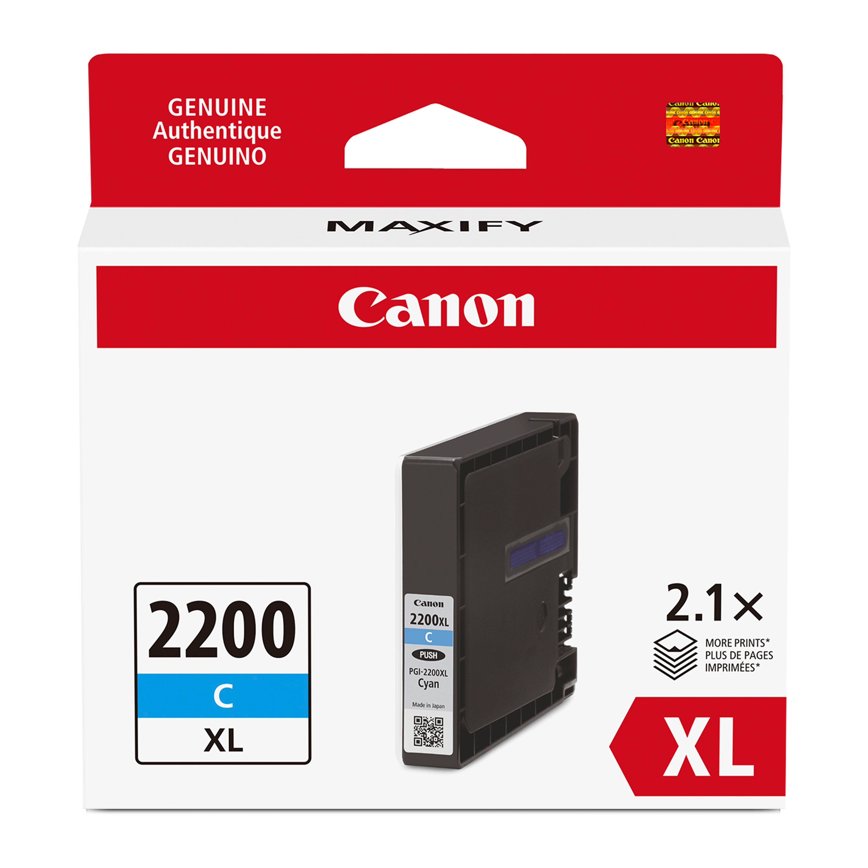 GENUINE Authentique GENUINO  
Canon 2200 C XL  
PUSH PG-2200KL Cyan  
2.1x MORE PRINTS*  
PLUS DE PAGES IMPRIMÉES*