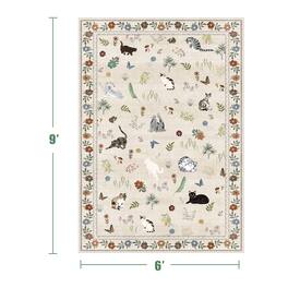 KERDOM - Cat Illustration 6x9 ft Bedroom Rug, Large Kitten Floor Mat for Dinning Room, Low Pile Washable Area Carpet Animal Throw - Beige