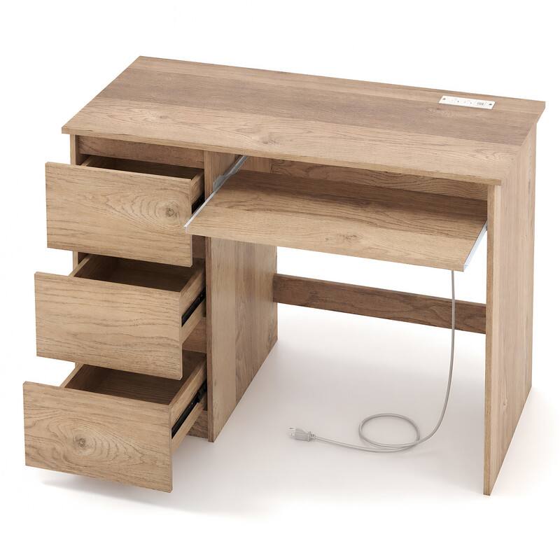 Angle. WELLFOR - 42 in Computer Desk with 3 Drawers & USB Power Outlets, Wood Home Office Desk - Natural.