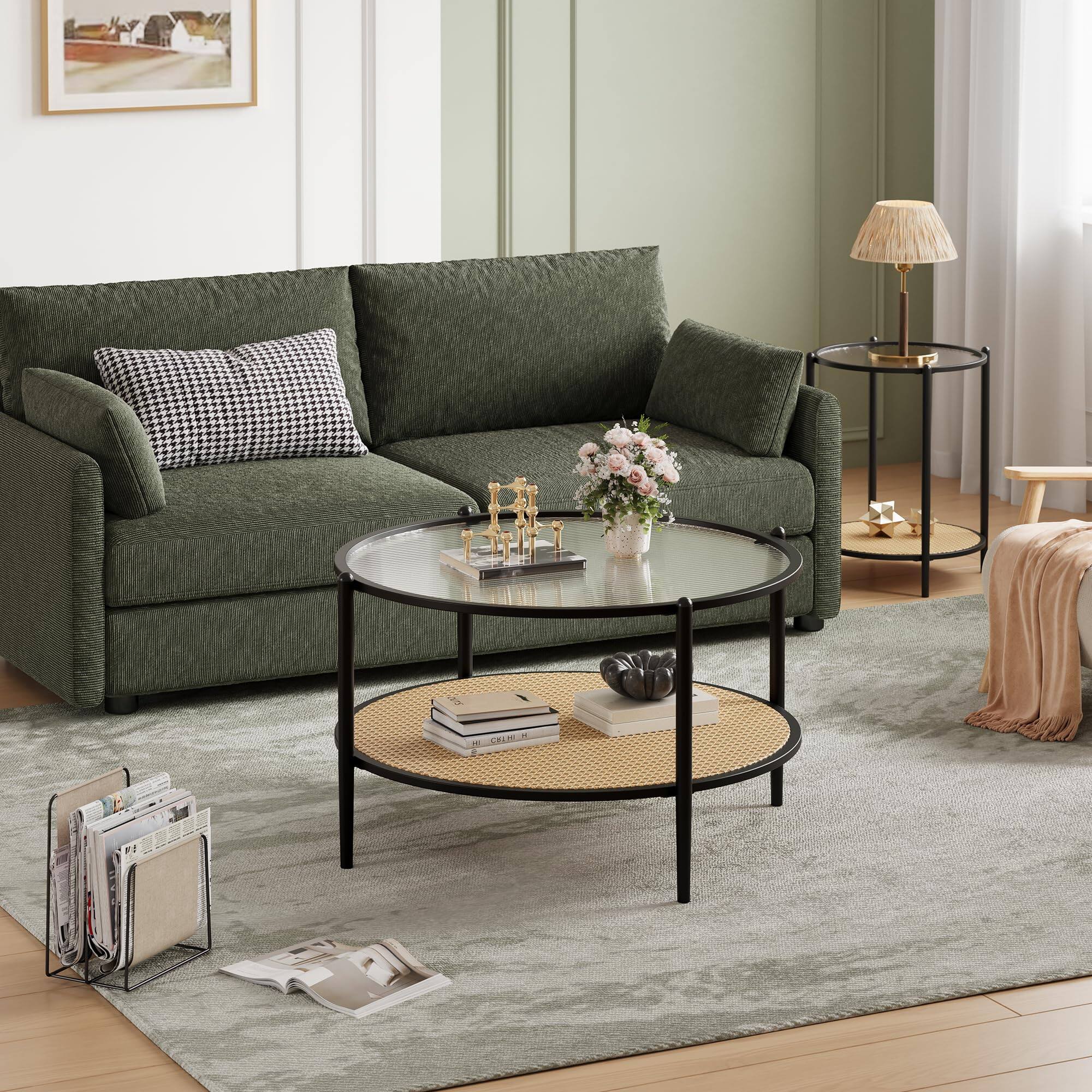 Alt View 4. Jojoka - 30" Rattan Coffee Table, 2-Tier Round End Table with Storage, Water-Wave Glass Top - Black.