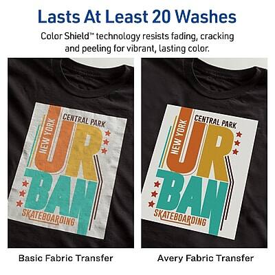 Lasts At Least 20 Washes

Color Shield™ technology resists fading, cracking, and peeling for vibrant, lasting color.

CENTRAL PARK
NEW YORK
UR
SKATEBOARDING

Basic Fabric Transfer

Avery Fabric Transfer