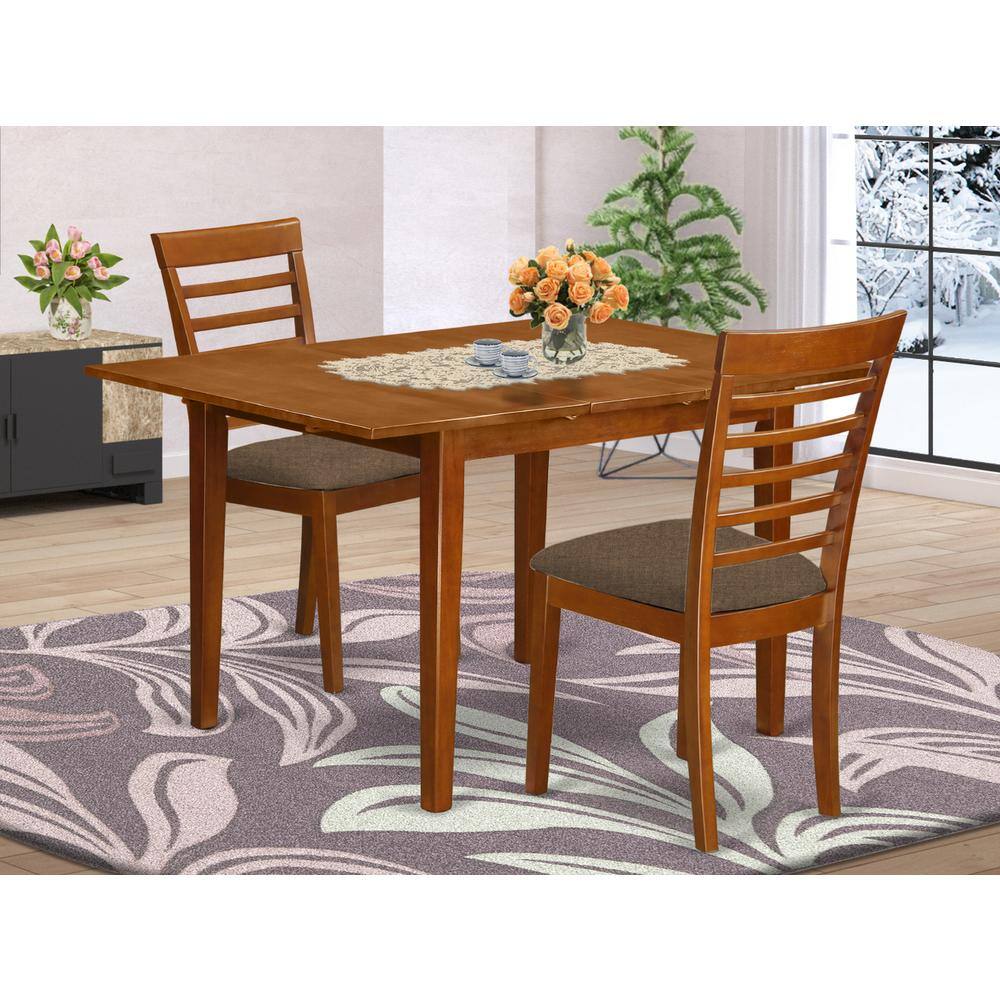 Left. East West Furniture - MILA3-SBR-C 3 Pc set Milan Dinette Table with Leaf and 2 Cushiad Dinette Chairs in Saddle Brown . - Saddle Brown.