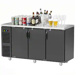 Coolake - 72” W 24.2 Cu.Ft Commercial Counter Height Back Bar Cooler with Stainless Steel Top with LED Lighting - Black