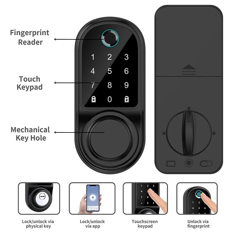 Fingerprint Reader  
Touch Keypad  
Mechanical Key Hole  

Lock/unlock via physical key  
Lock/unlock via app  
Touchscreen keypad  
Unlock via fingerprint