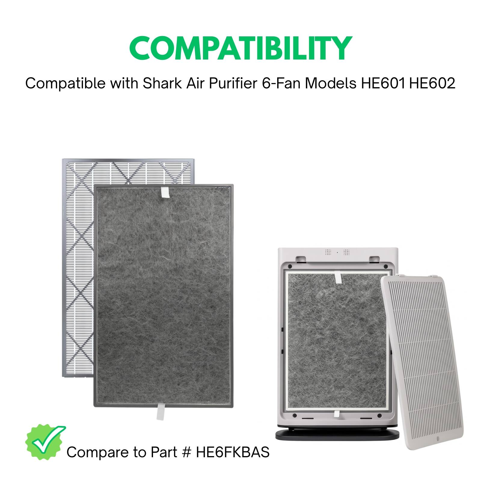 COMPATIBILITY  
Compatible with Shark Air Purifier 6-Fan Models HE601 HE602  
Compare to Part # HE6FKBAS