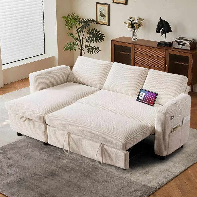 Front. Dyonery - 81" Sleeper Sofa Bed with Pull Out Bed,L Shaped Couch Sectional Sleeper Sofa with Reclining Backrest,Corduroy Beige. - Beige.