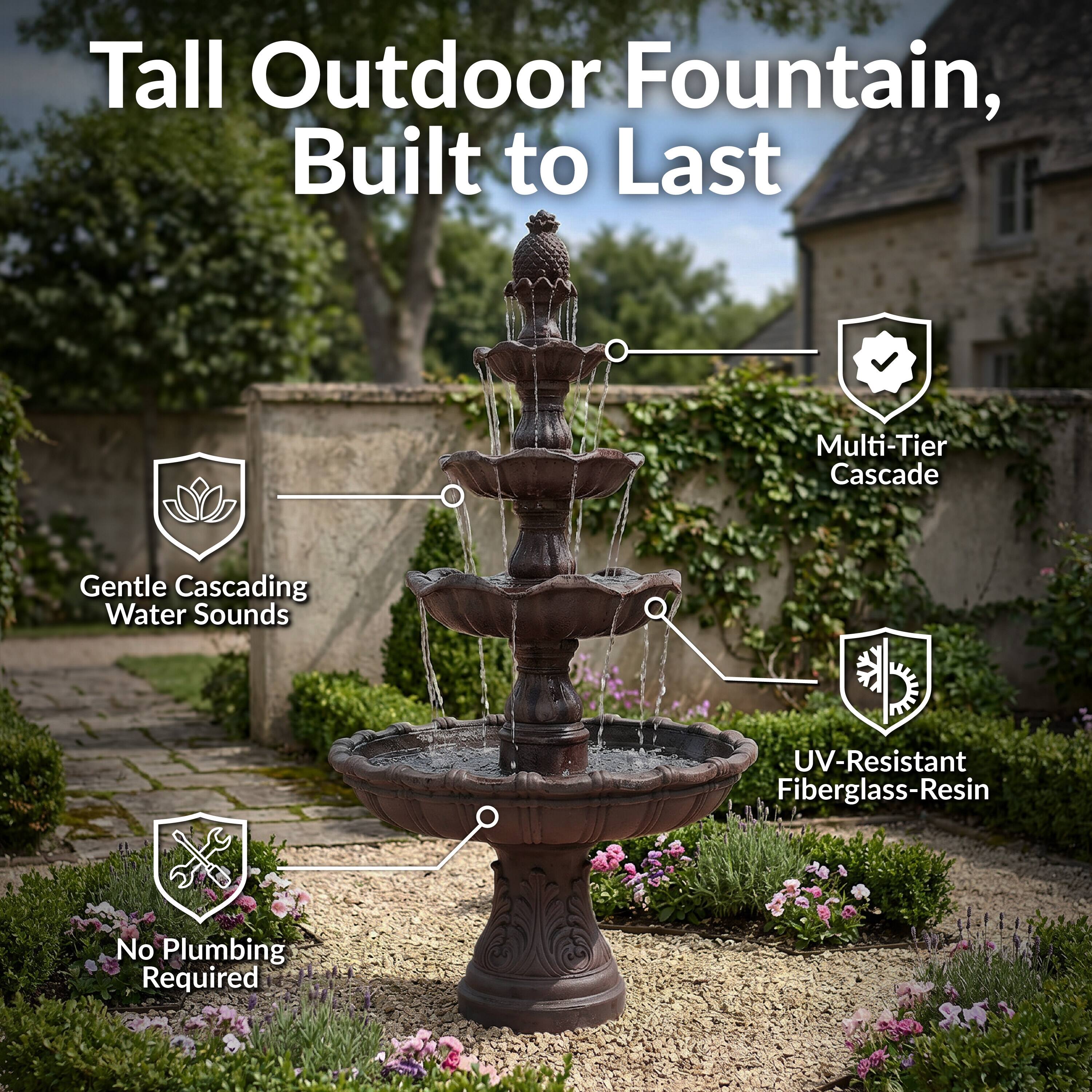 Tall Outdoor Fountain, Built to Last

- Multi-Tier Cascade
- Gentle Cascading Water Sounds
- UV-Resistant Fiberglass-Resin
- No Plumbing Required