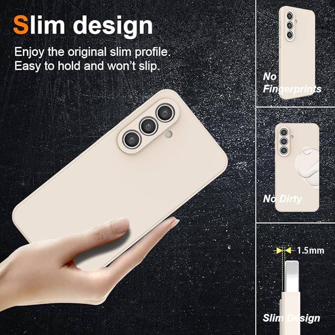 Sure, here is the corrected and grouped text from the image:

---

**Slim design**

Enjoy the original slim profile.  
Easy to hold and won't slip.

- No Fingerprints
- No Dirty

1.5mm Slim Design

---